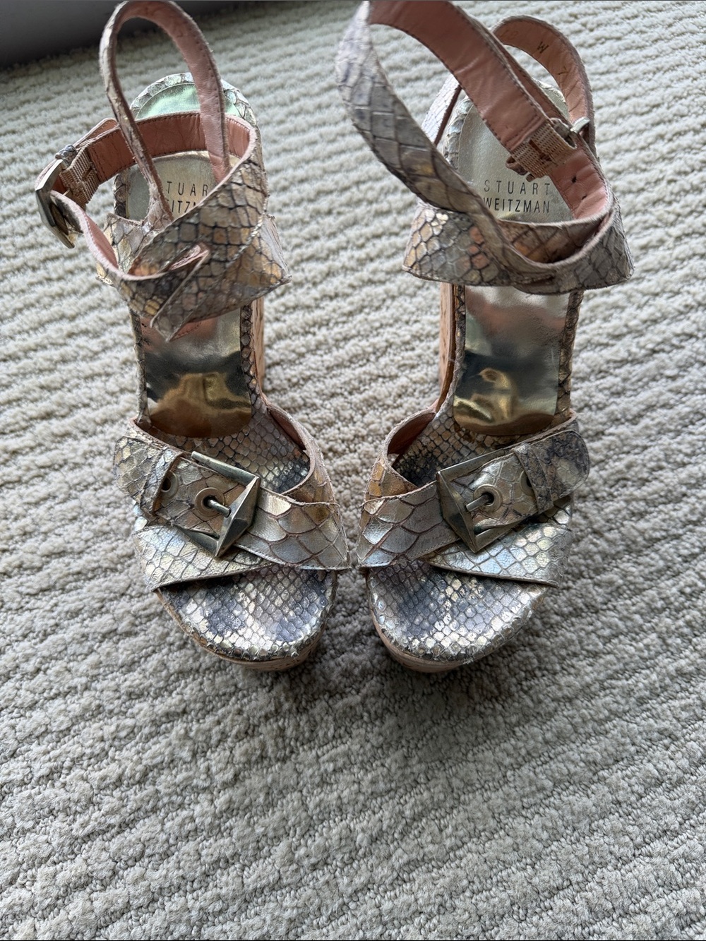 Stuart Weitzman Metallic Snake-Print Cork Wedge Sandals - Picture 3 of 3